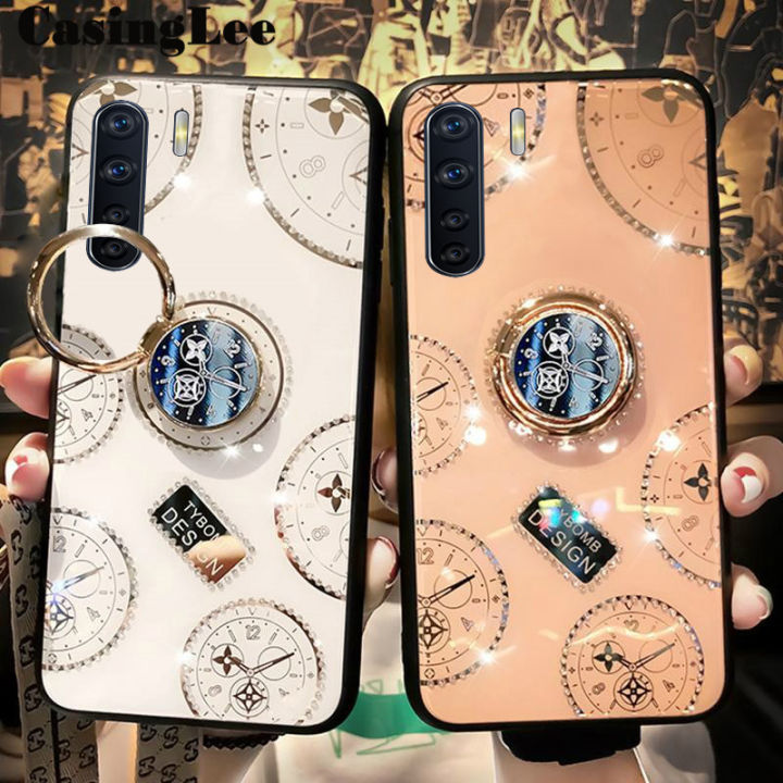 CasingLee For OPPO F15 case Navigation Magnetic Ring Holder Luxury Diamond clock Mirror Back Cover OPPO F15 Phone cases cover Luxury with Lanyard For girls and Boys