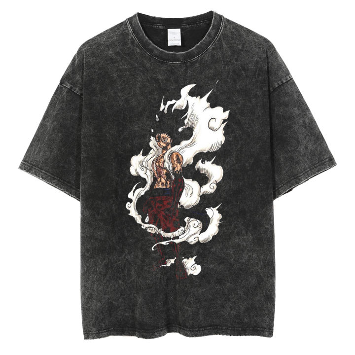 Hip Hop Oversized Tshirt Japanese Anime One Piece Graphic T Shirt Men Cotton Washed T-Shirt Summer Harajuku Tops Tees Black