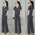 One-Piece/Set 2023Summer New Fashion Slimming Short-Sleeved Printed Top Wide-Leg Pants Casual Two-Piece Suit Women. 