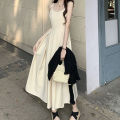 Korean High Waist Pleated Long Dress Ladies Summer Casual Sleeveless Holiday Beach Vestidos Elegant Spaghetti Strap Maxi Dresses. 