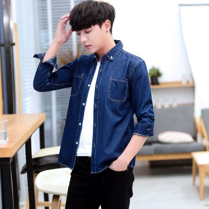 New Denim Shirt Long Sleeve Slim Korean Style Summer Shirt for Boys 2024 Spring Thin Coat Trendy Men's Top