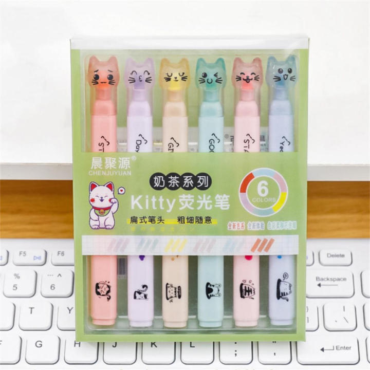 6PCS/Box Kawaii Cat Claw Highlighter Drawing Art Marker Fluorescent Pen Student Cute Watercolor Pen Stationery School Supplies