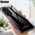 Biruiqu For OPPO Reno 11 5G Shockproof Tempered Glass Back Soft Silicone Edge Black Case Cover Casing. 