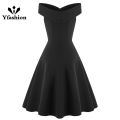 Yfashion Women Cotton Elegant Solid Color Dress Fashion Sleeveless Off Shoulder High Waist Large Swing Evening Dress For Party. 