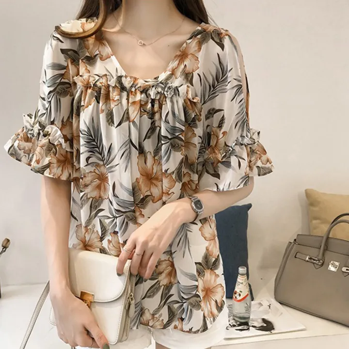Women%20Printed%20Off%20Shoulder%20V-Neck%20ffon%20Loose%20Blouse%20Vintage%20Sweet%20Pagoda%20Sleeve%20ops%20-%20Image%208