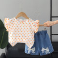 Yfashion 2pcs Summer Cotton Tops Suit For Girls Cotton Sweet Flying Sleeves Shirt Denim Shorts Set For Kids Aged 0-4. 