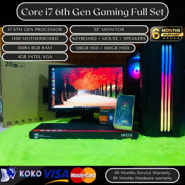 Core I7 6th Gen RGB Gaming Desktop PC Computer Full Set | 8GB Ram | 128GB SSD | 500GB HDD | 450W Gaming PSU | 22" Monitor Gaming Keyboard & Mouse