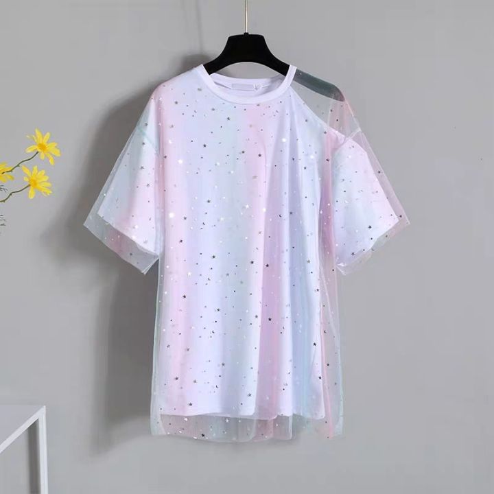 Single%20Piece%20/%20Suit%20Two-Piece%20Summer%202024%20New%20Fashion%20All-Matching%20Mesh%20Short%20Sleeve%20T%20Shirt%20Top%20+%20Women's%20Denim%20Shorts%20-%20Image%204