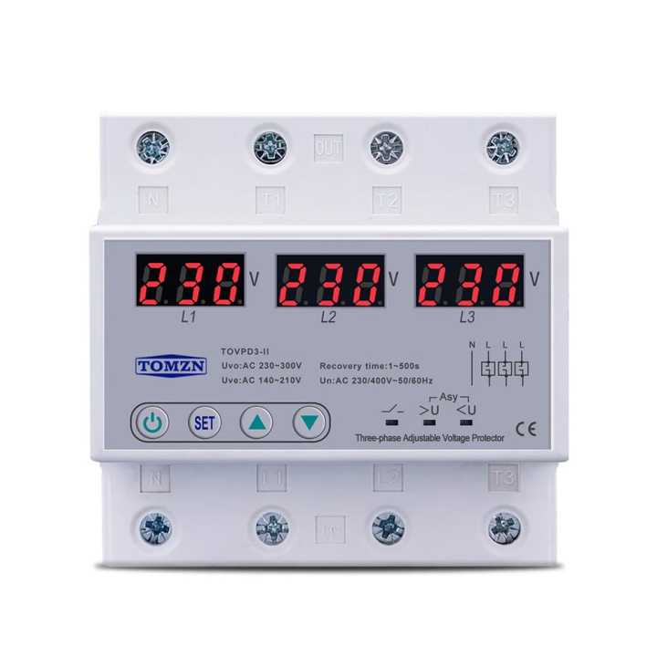 TOMZN 63A 3 Phase Voltage Relay 380V Voltmeter Ammeter over and Under Voltage Monitor Relays Protector Adjust Current 63A Digital Power Guard (3 Phase) Custom Programable