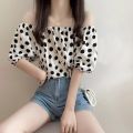 Chiffon Korean Style Polka Dot French Style Short Sleeve New Puff Sleeve Summer Shirt Top off-Shoulder Floral Western Style Youthful-Looking. 
