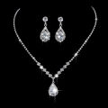 Vintage Crystal Waterdrop Pendant Necklace Earrings Silver Wedding Jewelry Set. 