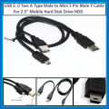 Hard Disk Cable USB 2. 0 Two A Type Male to Mini 5 Pin Male Y Cable For 2.5" Mobile Hard Disk Drive HDD Cable. 