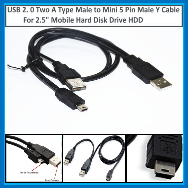 Hard Disk Cable USB 2. 0 Two A Type Male to Mini 5 Pin Male Y Cable For 2.5" Mobile Hard Disk Drive HDD Cable