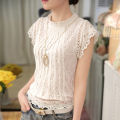Yfashion Fashion Lace Shirt For Women Cotton Short Sleeves Round Neck Pullover Tops Sweet Solid Color Slim Fit Blouse. 