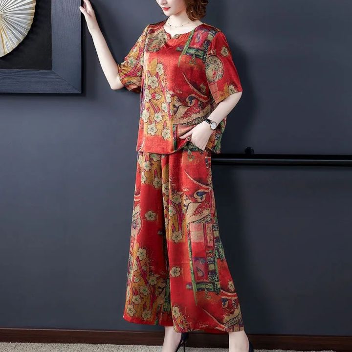 Middle-Aged%20and%20Elderly%20Summer%20Ice%20Silk%20Suit%202024%20Summer%20Wear%20Fashion%20New%20Loose%20plus%20Size%20Print%20Casual%20Mom's%20Two-Piece%20Set%20-%20Image%202