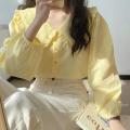 Sweet Peter Pan Collar Shirt Women Vintage Long Sleeve Blouse Preppy Style Yellow Blue Loose Buttons Youth Tops 2023 Y2k. 