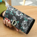 BANYANU Rose Printed Cow Genuine Leather Wallet Dompet Wanita Women Long Wallet Card Holder Lady Phone Purse Wallets for Women. 