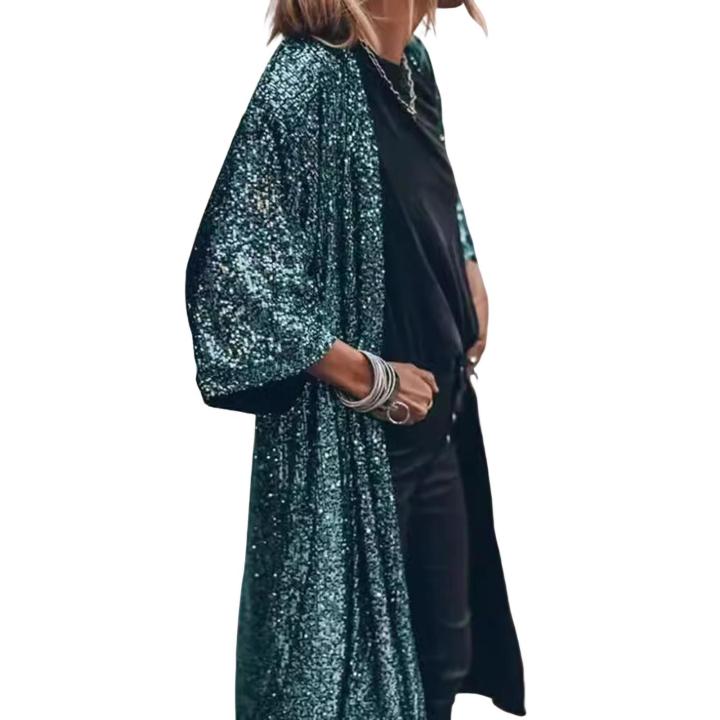 DESCENTE Women Sequined Cardigan Jacket Sparkly Sequin Cardigan for Women Stylish Mid-length Coat for Parties Daily Wear Three Quarter Sleeves Loose Fit Sequin Coat