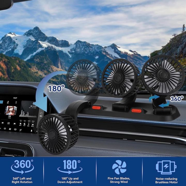 Car Fan 360° Adjustable 3 Head Air Fan Automotive Electric Fan USB/12V ...