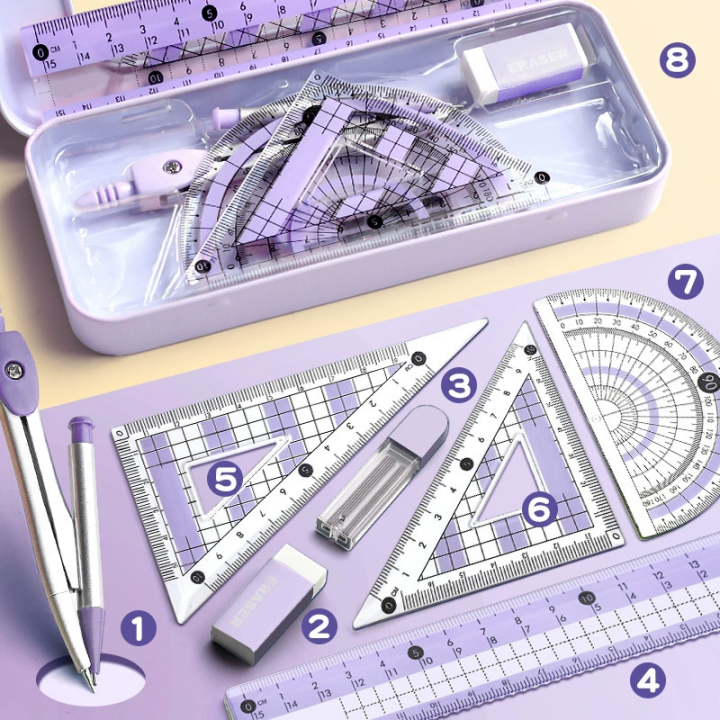 8-Piece Geometry Ruler Set Student Compass Protractor Triangle ...