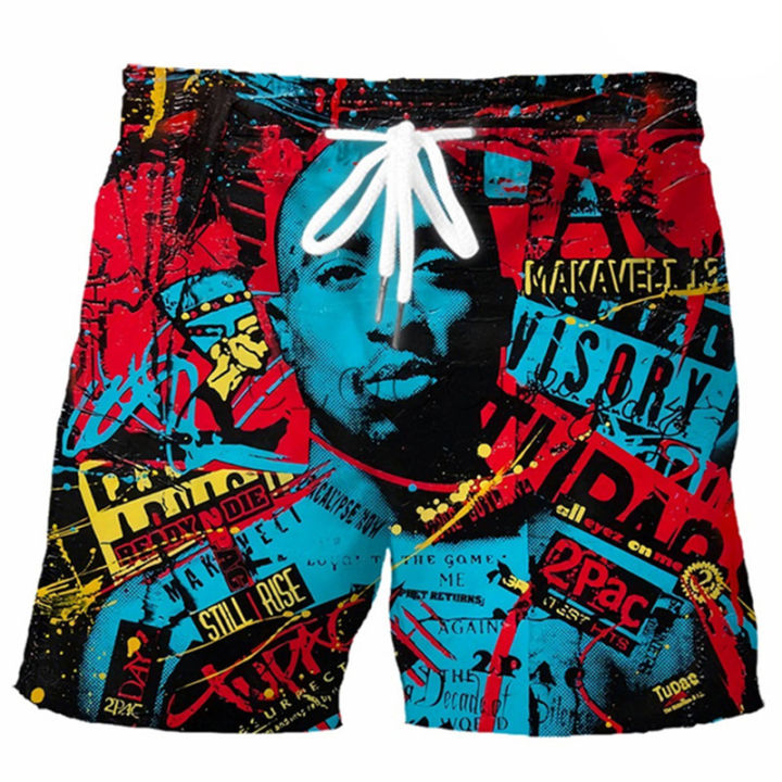 Rapper Tupac Amaru Shakur 2pac 3D Printed Beach Shorts Pants Men's Drawstring Shorts Elastic Fashion Casual Cool Ice Shorts Male