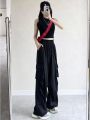 Gray Overalls Women's Summer Thin High Waist Loose Parachute Pants Casual Wide Leg Pants Quick-Drying American Sports Pants. 