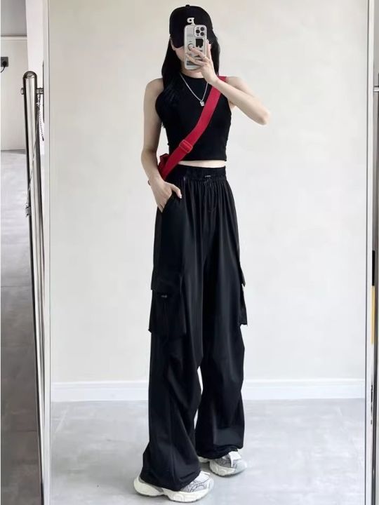 Gray Overalls Women's Summer Thin High Waist Loose Parachute Pants Casual Wide Leg Pants Quick-Drying American Sports Pants