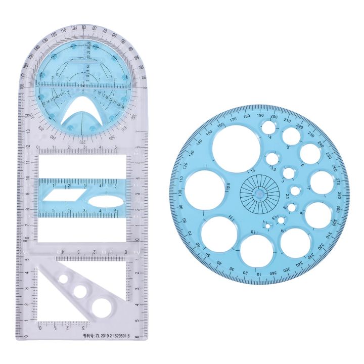 Sojhoop 2 Pcs Multifunctional Geometric Ruler Plastic Circle Drawing Tool Drafting Templates Clear Graphic Design Tools