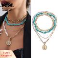 Carat Creative Mixed Metal Necklace Boho Layered Turquoise Pearl Beaded Necklace Set for Women Trendy Circle Choker Jewelry for Girls Metal Chain Paperclip Design Handmade Accessories from Geometric Beaded. 