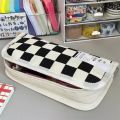 【HOT】 Kawaii Checkerboard Pencil Case Large Capacity Canvas Pen Bag Fashion Stationery Box Back To Schoolfor Girls School Supplies. 