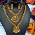 Dull gold color big double necklace with one pair earring fashion jewelry set with gold stone for girl and women. 