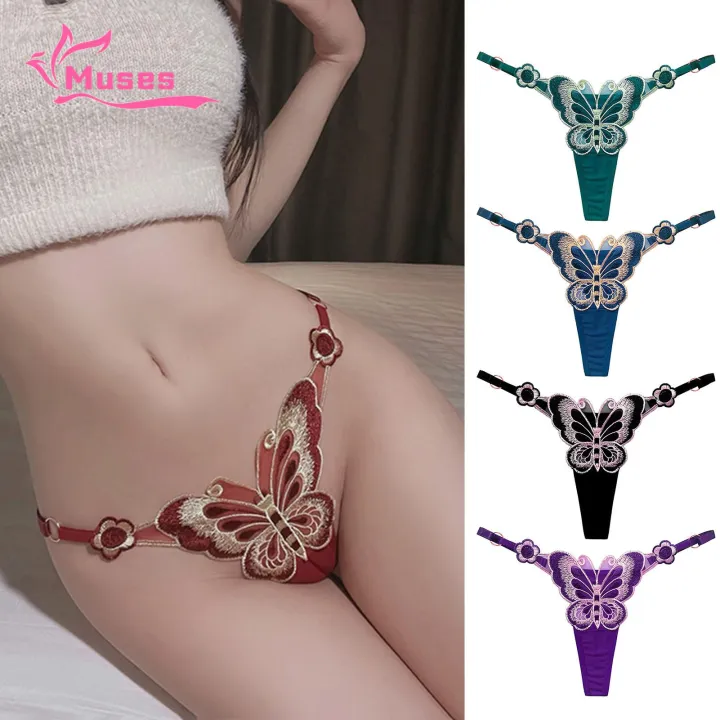 Muses Mall Lady Thong Elastic Butterflies Embroidery Adjustable Lady Thong