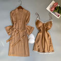 SYQ Solid Color Wavy Lace Sling Silk Nightgown Thin Fairy Two-Piece Nightgown Pad For Women. 