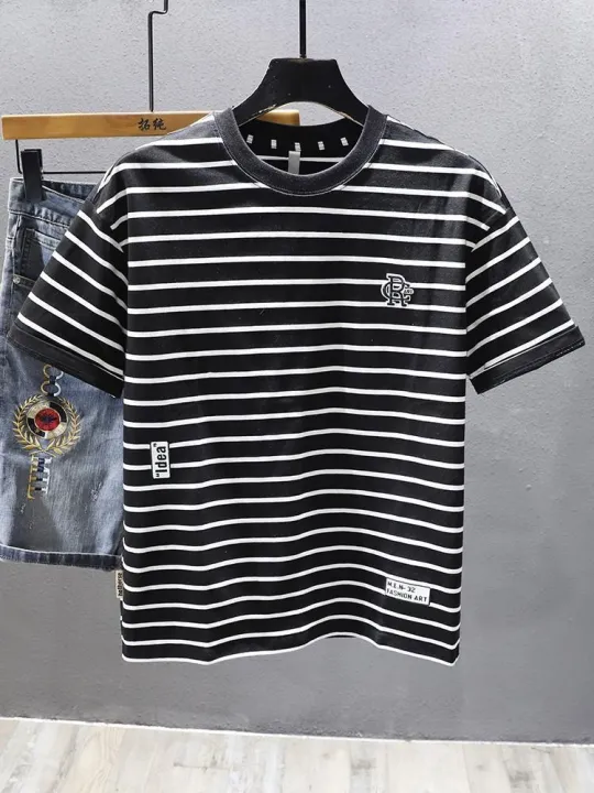 Striped%20Short-SleeveTT-shirt%20Men's2023Summer%20New%20High-End%20Men's%20Elbow-Sleeved%20Top%20T-shirt%20Fashion%20Tops%20Youth%20Men's%20Clothing%20-%20Image%202