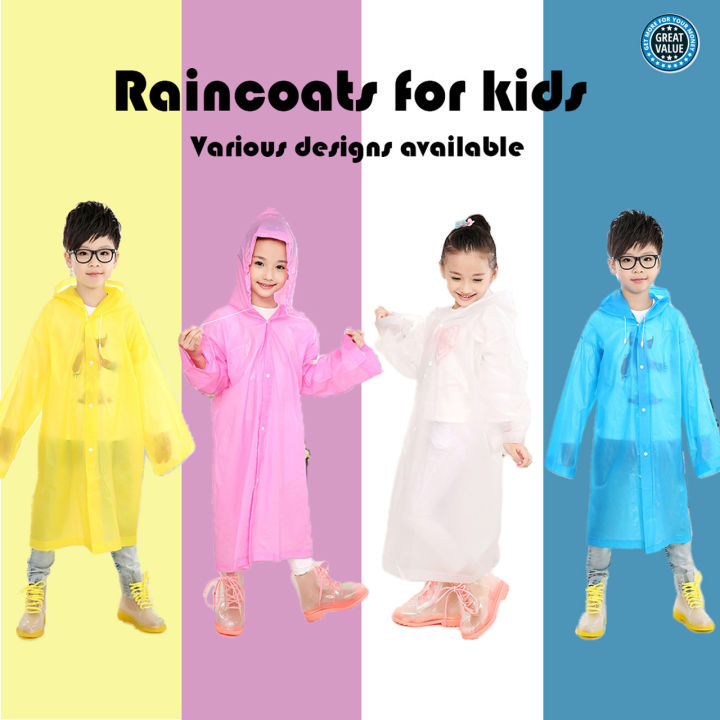 Kids Boy Girl See Through EVA Raincoat Long Hooded Rain Cover Outdoor Rainwear