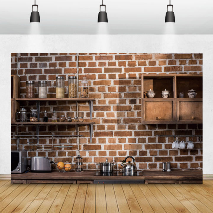 Laeacco Old Brick Wall Kitchen Tools Elements Interior Photographic ...