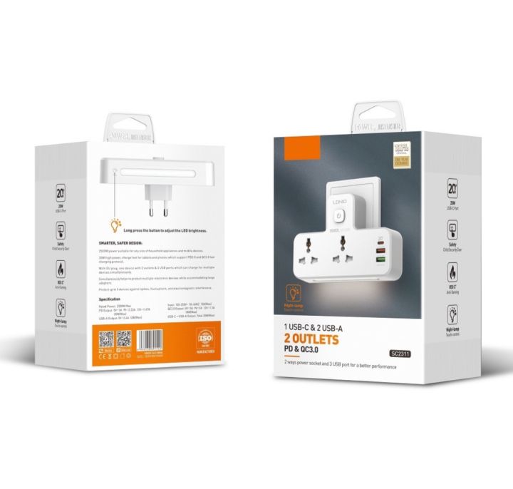 Lucky Hawk Extension Power Socket 2 AC Outlets & 1 USB-C & 2 USB-A (PD ...