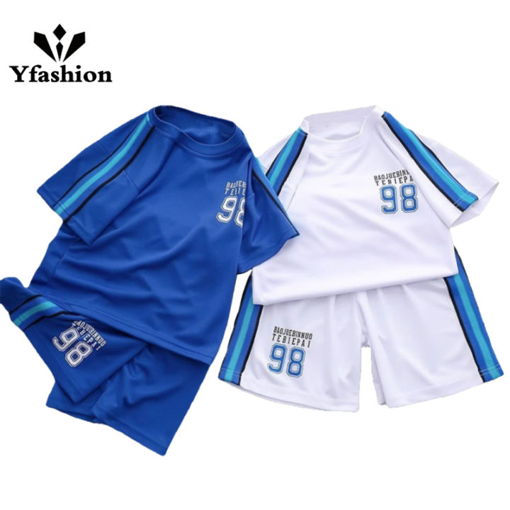 Yfashion 2pcs Boys Short Sleeves T-shirt Set Casual Quick-drying Tops Shorts Sportswear Training Suit For 4-10 Years Old Kids