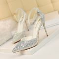 2023New Korean Style Rhinestone Pointed Toe Bridal Wedding Shoes Silver Girl High Heel Sandals All-Matching Ankle-Strap Buckle Shoes. 