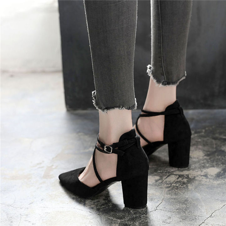 Chunky Heel Sandals for Female Students Summer 2024 New Pump Strap Buckle Pointed-Toe Girl High Heels Korean Style All-Match