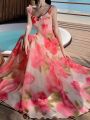 Celebrity Style French Romantic Elegant Rose Printed Beach Dress Elegant Chiffon Seaside Vacation Dress Summer. 