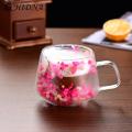 Flower Decorated Coffee Cup Beautiful 200ml Clear Glass Mug with Insulated Double Wall Handle Aesthetic Dehydrated Flower Design Perfect for Coffee Tea Heat Preserving Tumbler Ideal for Transparent. 