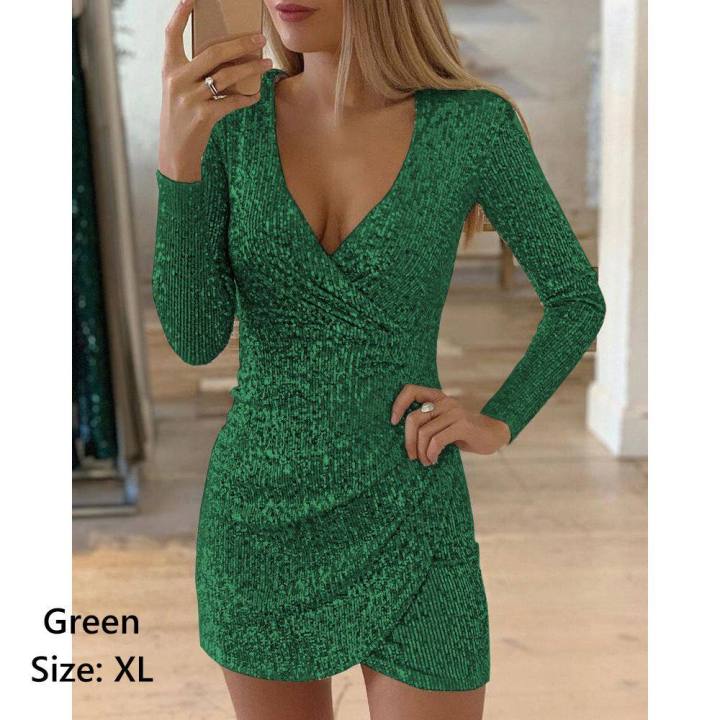 【ThinkWay】Women Dress V Neck Bodycon Dress Fashion Mini Dress Slim Sequins Party Evening Dresses Clubwear