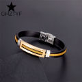 Golden Chain Stainless Steel Bracelets for Men Women Teens Black Rubber Belt Wristband Cuff Bangle Male Hand Jewelry Gifts. 