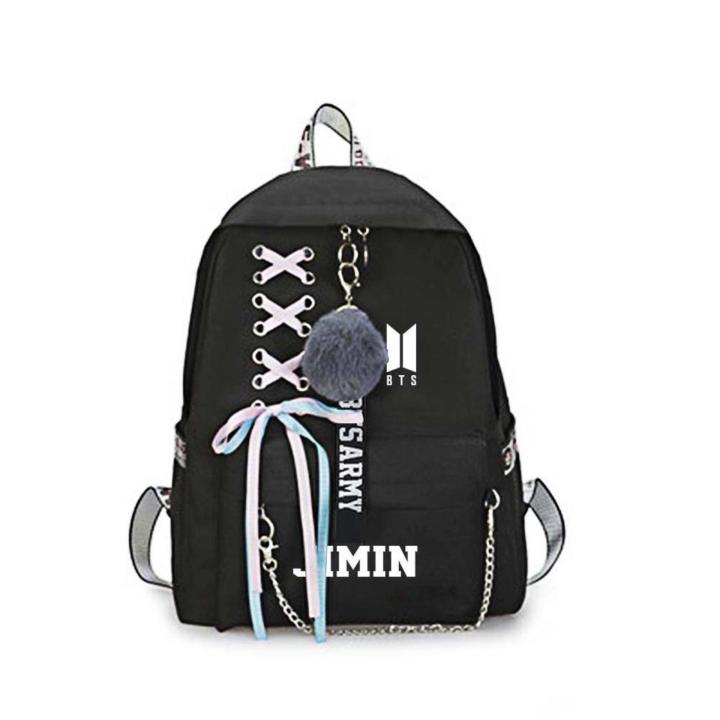KPOP BTS Bangtan Boys Backpack Ribbon Chains Travel Bag for Teen Girls - Black
