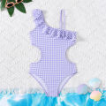 Fashion Slanted Shoulder Plaid Teenage Girls one piece Swimsuit 5-14 Year Summer Kids Swim Suits for girl Ruffled Swimwear. 