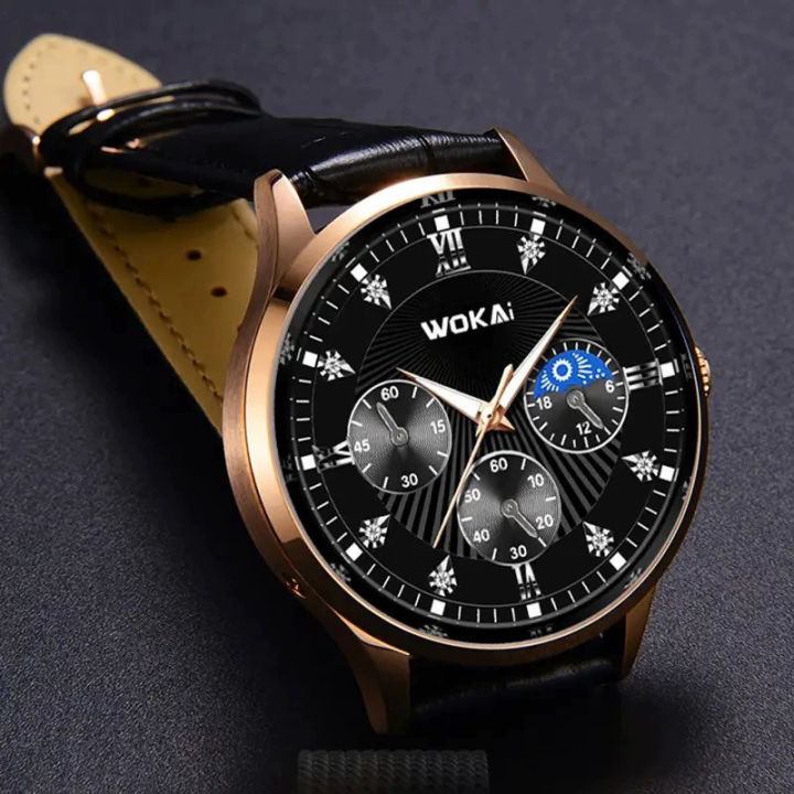 New High-End wokai Watch Business Wristwatch Quartz Sports Watch Leather Strap Men's Watch 45 to 50 Years Old