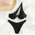Muses Mall Women One-shoulder Bikini 2pcs Women Color Block One-shoulder Bikini Set High Waist Briefs Beachwear. 