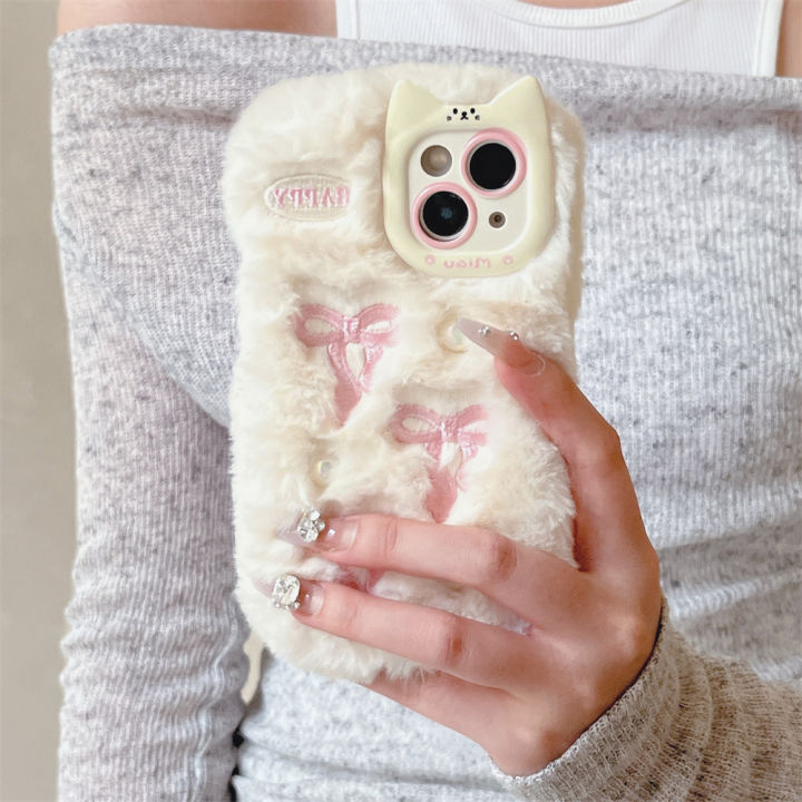 HOT Soft Fluffy Plush bowknot Cat Ears 3D Pearl Phone Case For iPhone 14 15 16 Plus 13 Pro Max 11 12 Warm Winter Furry Fur Cover