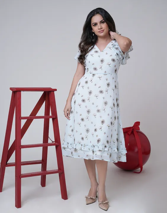 Spring & Summer Printed Frill Sleeves Dress with Ruffles